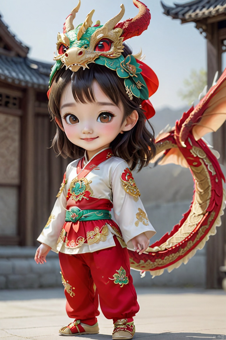  1girl, solo, long hair, smile, shut up, smile, dragon headdress, cute red platinum hanbok top and pants,Bow to the hand