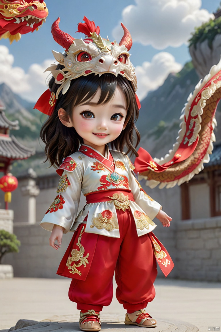  1girl, solo, long hair, smile, shut up, smile, dragon headdress, cute red platinum hanbok top and pants,Bow to the hand