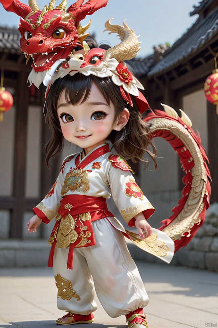  1girl, solo, long hair, smile, shut up, smile, dragon headdress, cute red platinum hanbok top and pants,Bow to the hand