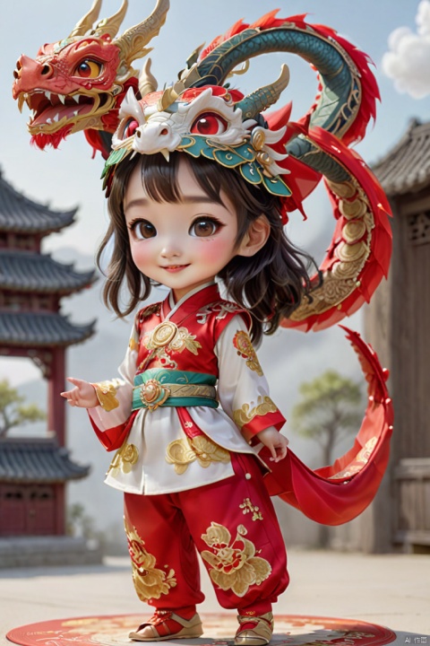  1girl, solo, long hair, smile, shut up, smile, dragon headdress, cute red platinum hanbok top and pants,Bow to the hand