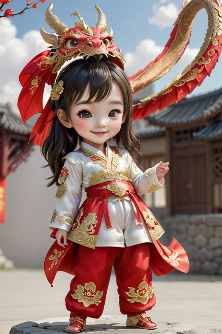  1girl, solo, long hair, smile, shut up, smile, dragon headdress, cute red platinum hanbok top and pants,Bow to the hand