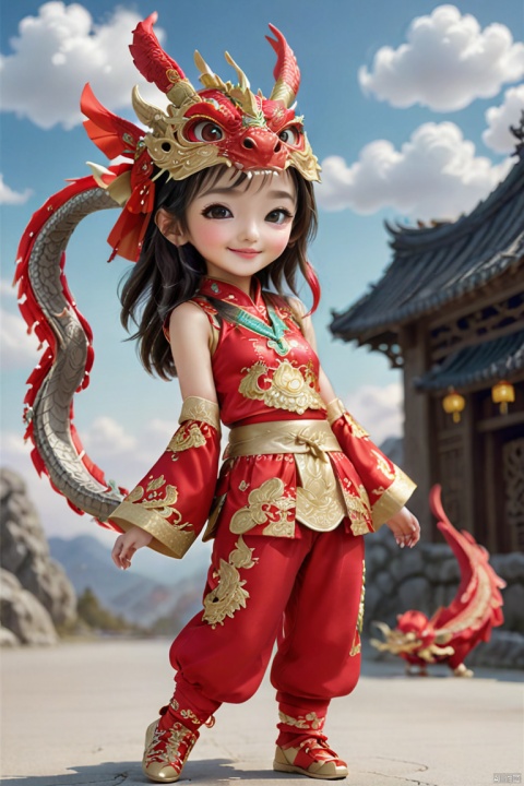  1girl, solo, long hair, smile, shut up, smile, dragon headdress, cute red platinum hanbok top and pants,Bow to the hand