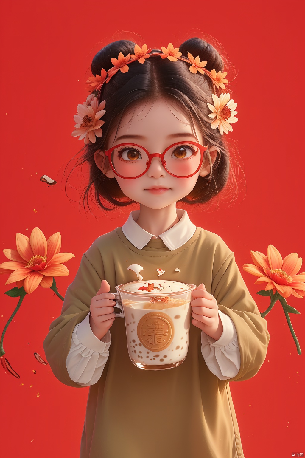 Girl, 1 girl, family focus, Solo, glasses, shirt, flowers, milk tea, simple background, black hair, masterpiece, best quality, very good. Ridiculous, Red Cliff