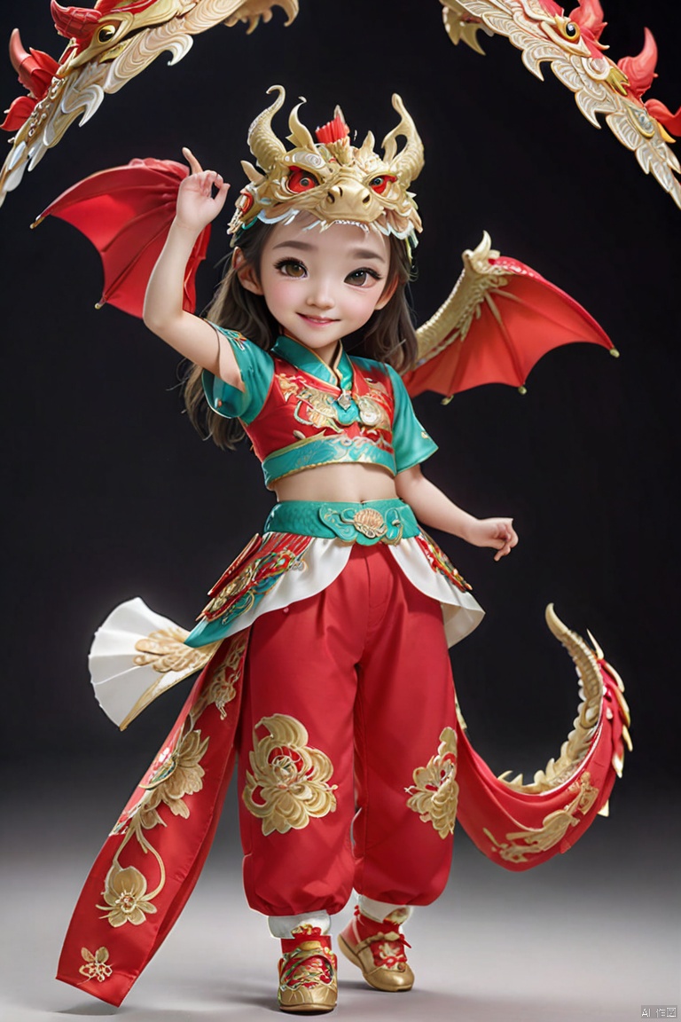  1girl, solo, long hair, smile, shut up, smile, dragon headdress, cute red platinum hanbok top and pants,Bow to the hand