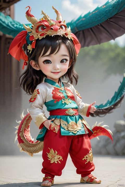  1girl, solo, long hair, smile, shut up, smile, dragon headdress, cute red platinum hanbok top and pants,Bow to the hand