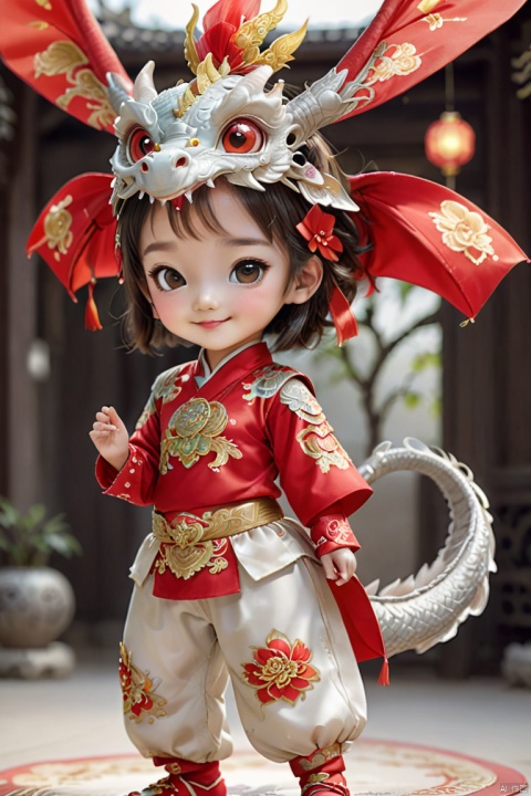  1girl, solo, long hair, smile, shut up, smile, dragon headdress, cute red platinum hanbok top and pants,Bow to the hand