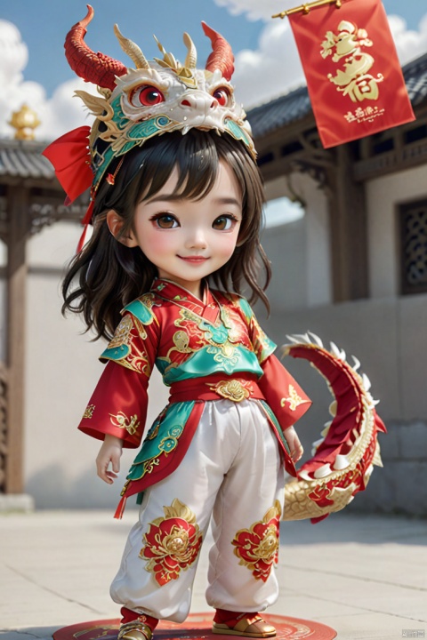  1girl, solo, long hair, smile, shut up, smile, dragon headdress, cute red platinum hanbok top and pants,Bow to the hand