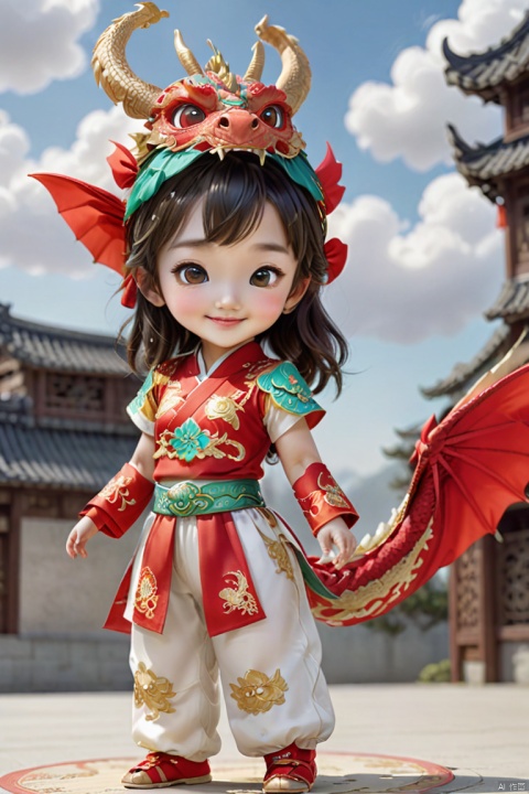  1girl, solo, long hair, smile, shut up, smile, dragon headdress, cute red platinum hanbok top and pants,Bow to the hand