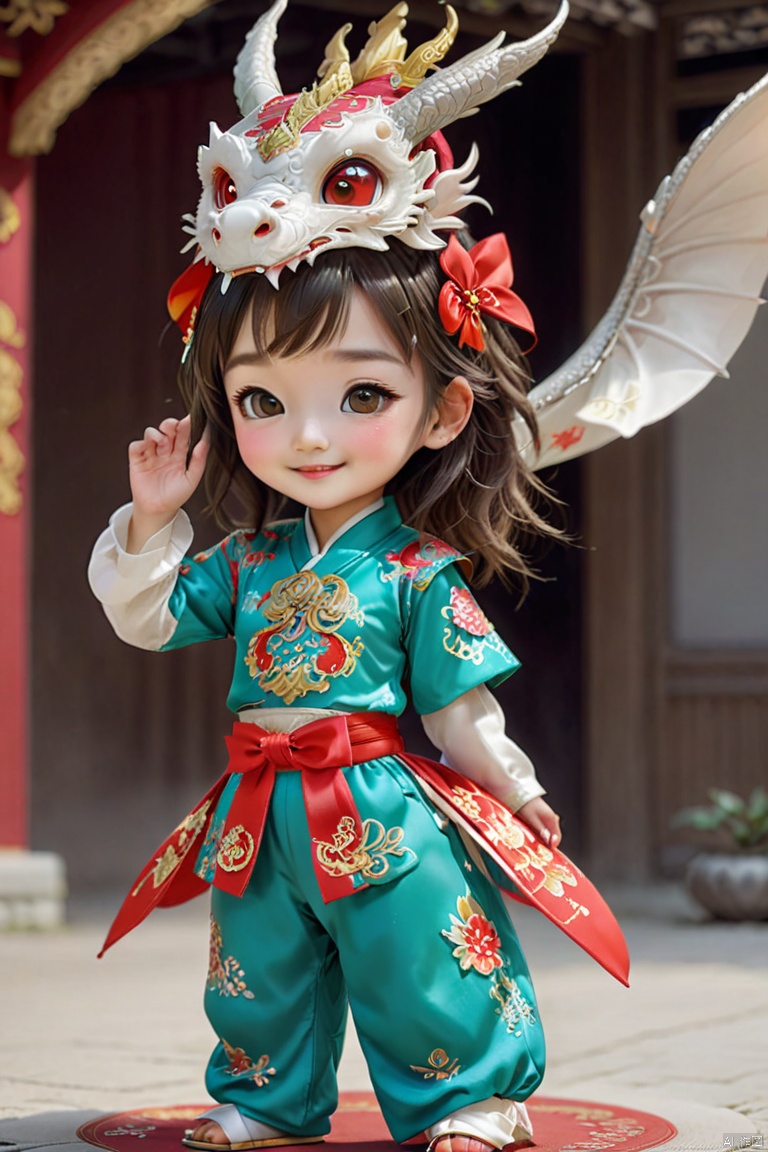  1girl, solo, long hair, smile, shut up, smile, dragon headdress, cute red platinum hanbok top and pants,Bow to the hand