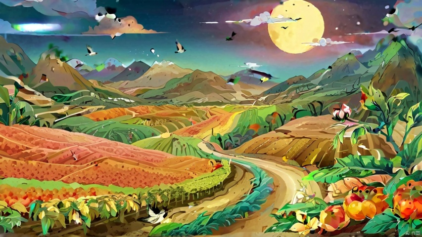  The scenery, tomatoes, and fields are naturally harmonious in color, with white clouds rolling in the distance, mountains and birds in the air. The moonlight is very soft, and it looks very quiet and healing. The 8K color is beautiful and Zen like, making people yearn for it.