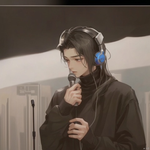 a boy，lolling head，headphone，long hair，looking at the microphone in my hand