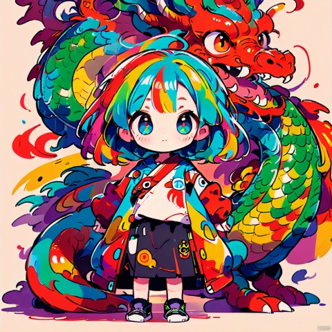 a girl，whole body，chibi，colorful，dragon