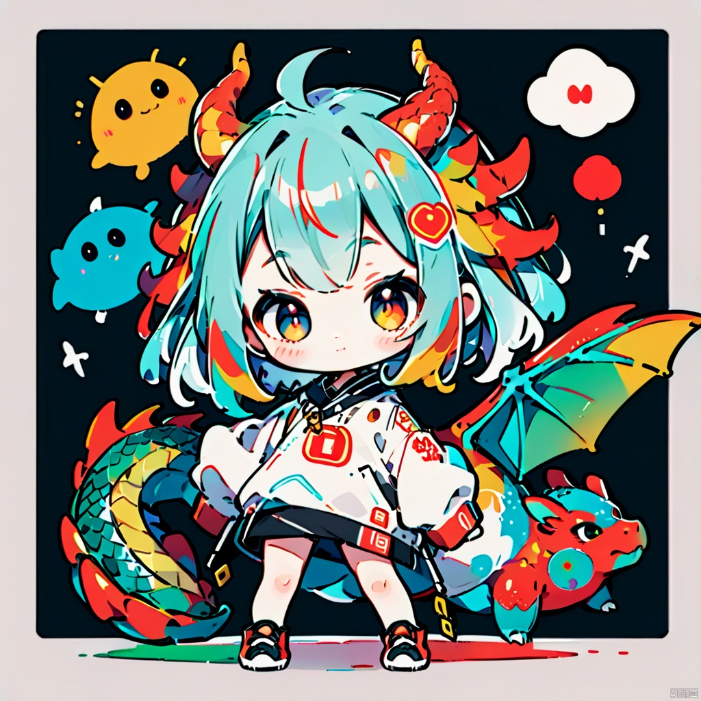 a girl，whole body，chibi，colorful，dragon