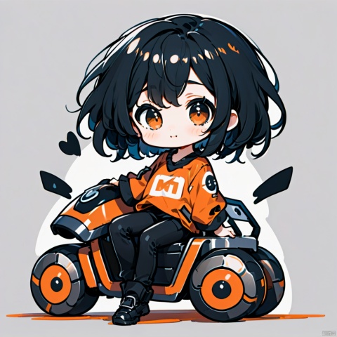 a girl，ride an electric vehicle，helmet，orange shirt，black pants，Chibi，looking at viewer，whole body，black hair，normal