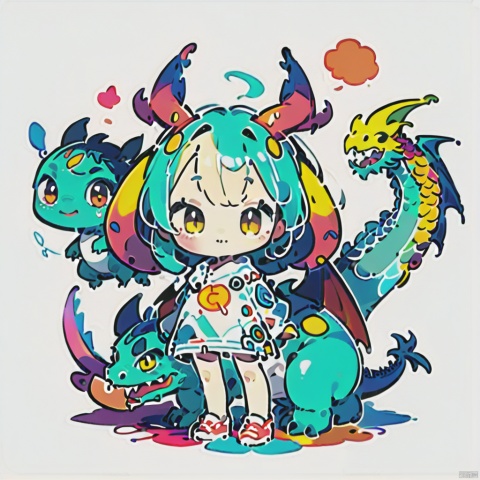  a girl，whole body，chibi，colorful，dragon