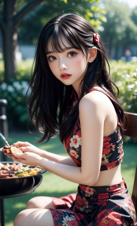  (masterpiece,best quality),(ultra-detailed),high quality,extremely detailed CG unity 8k wallpaper,(1girl),food,plate,(solo),(barbecue, Japanese style barbecue),Kaorou,realistic,cup,looking at viewer,soup,meat,spoon,pasta,holding,skirt,outdoors,bowl,formal,table,sitting,parted lips,salad,lemon,chair,photo background,,,,,,,