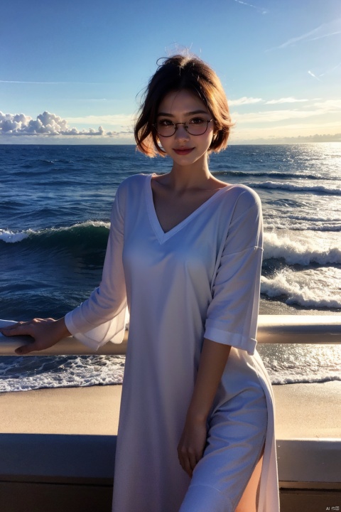  Enhanced, masterpiece, 16K, JK, 1 girl, glasses, smile,short hair. The sea stretches out behind her, creating a stunning aesthetic, huliya, blackwidow