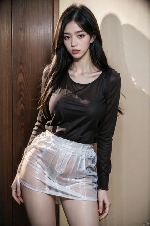  1girl, solo, long hair, skirt, shirt, black hair, long sleeves, standing, cowboy shot, indoors, miniskirt, sweater,tongue out, lips, black shirt, shadow, white skirt, facing viewer, pencil skirt, blindfold, hand on own chin, ((poakl))(Close your eyes), Transparent Clothes