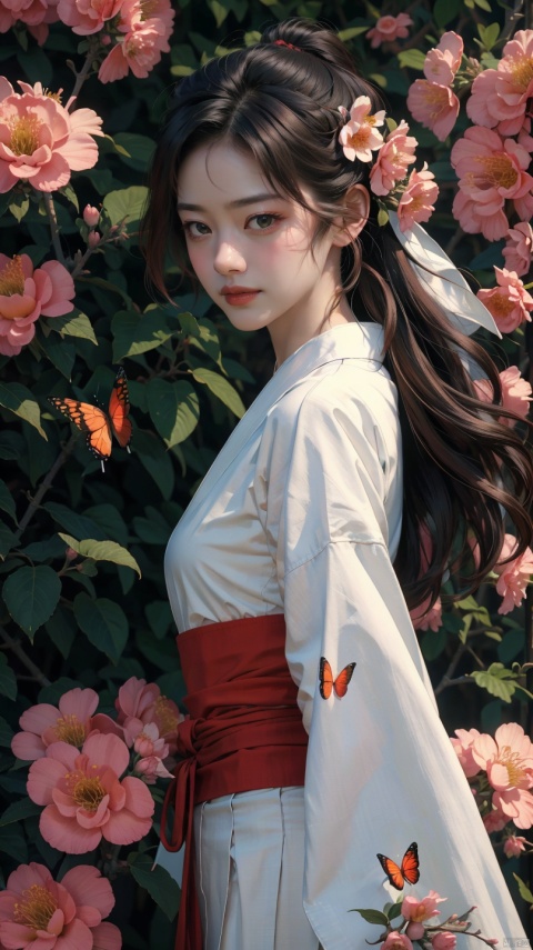 (masterpiece,best quality,ultra high res,8K,photorealistic,realistic,raw photo,illustration,real person,photograph),(amazing,finely detail,an extremely delicate and beautiful,sharp focus),a girl,the whole body,looking_at_viewer,wearing green hanfu,(there are many butterflies flying around:1.3),long hair,flowers in clusters,flower sea,peach blossom,white_background,rim light,realistic,cowboy_shot,,