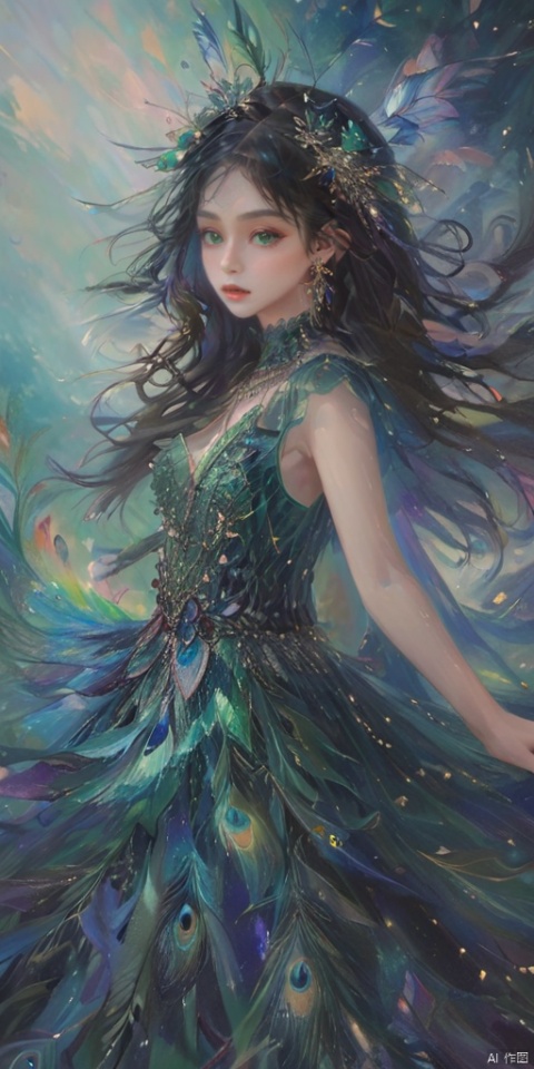  1girl, dance, Fairy, crystal, jewels,black, wings,All the Colours of the Rainbow, Crystal clear,solo, long hair, looking at viewer,black hair,jewelry, earrings,lips, makeup, portrait, eyeshadow, realistic, nose,{{best quality}}, {{masterpiece}}, {{ultra-detailed}}, {illustration}, {detailed light}, {an extremely delicate and beautiful}, a girl, {beautiful detailed eyes}, stars in the eyes, messy floating hair, colored inner hair, Starry sky adorns hair, depth of field,zj, lvshui-green dress, kq01