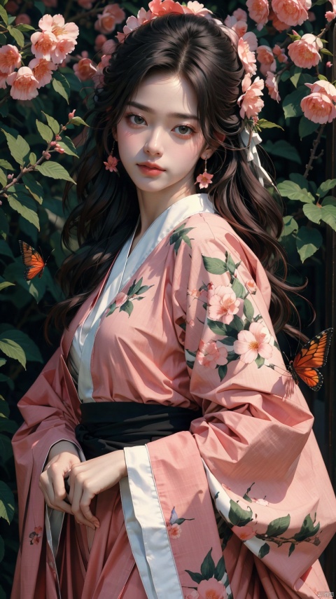  (masterpiece,best quality,ultra high res,8K,photorealistic,realistic,raw photo,illustration,real person,photograph),(amazing,finely detail,an extremely delicate and beautiful,sharp focus),a girl,the whole body,looking_at_viewer,wearing green hanfu,(there are many butterflies flying around:1.3),long hair,flowers in clusters,flower sea,peach blossom,white_background,rim light,realistic,cowboy_shot,,