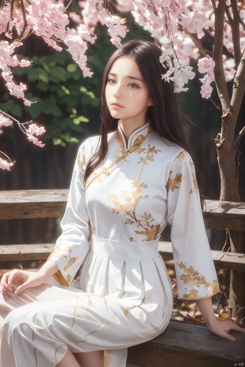 1 girl, wearing a white dress with floral patterns printed on it, featuring gold and white themes for a sense of coordination, order, half body, close-up, upper body, outdoor, front, best image, fallen leaves, branches, autumn leaves, Chinese clothing, ancient style, Chinese long skirt, long sleeves, double layered light gauze skirt, brown eyes, black hair, ultra-high definition, super-resolution, high-resolution,