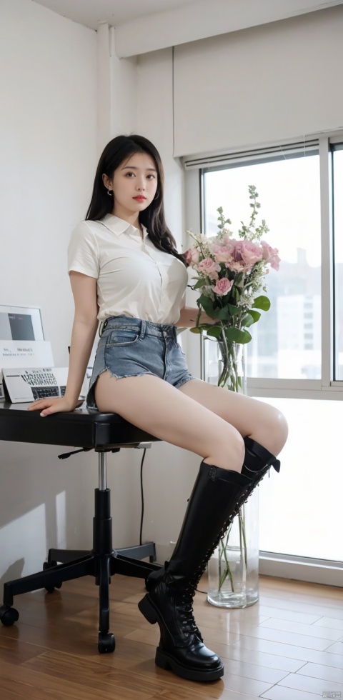  Full-body photos of a girl, realism, HD 16k,office,office_lady,workplace,sexy 
 jeans, light master,Huge flowers, bare long legs,light rays, transparent, kneehigh boots