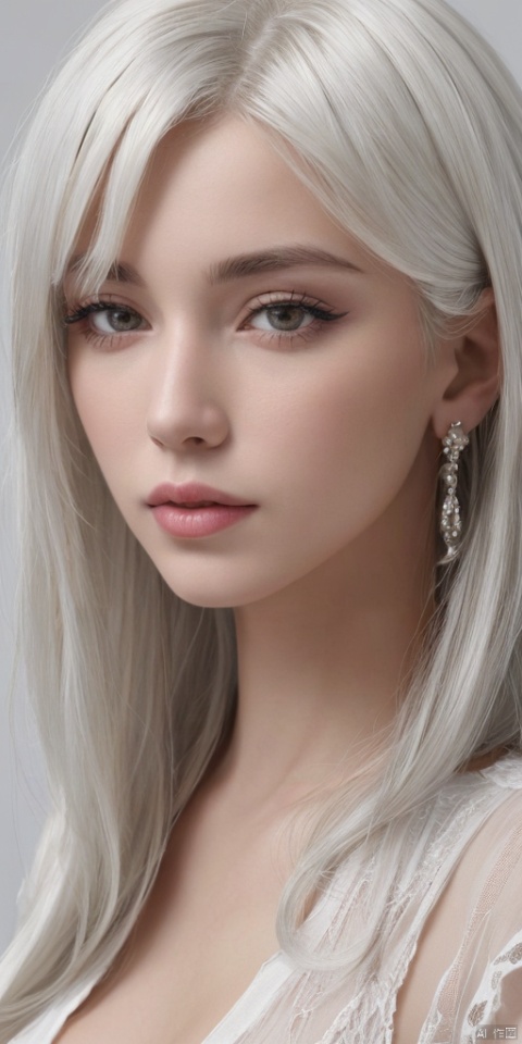  1girl, white hair, long hair, hair ornament, dress, solo, moon,jewelry, earrings,lips, makeup, portrait, eyeshadow, realistic, nose,{{best quality}}, {{masterpiece}}, {{ultra-detailed}}, {illustration}, {detailed light}, {an extremely delicate and beautiful}, a girl, {beautiful detailed eyes}, large breasts,cleavage,zj,