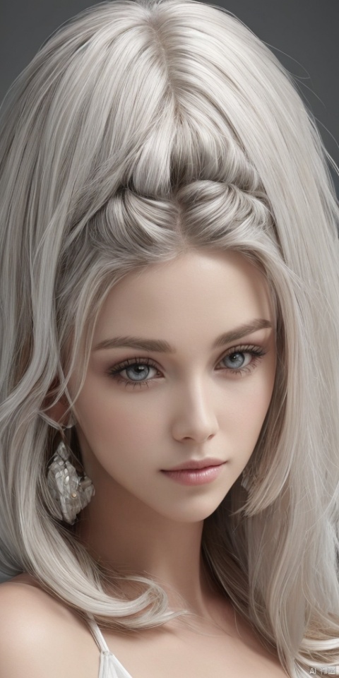  1girl, white hair, long hair, hair ornament, dress, solo, moon,jewelry, earrings,lips, makeup, portrait, eyeshadow, realistic, nose,{{best quality}}, {{masterpiece}}, {{ultra-detailed}}, {illustration}, {detailed light}, {an extremely delicate and beautiful}, a girl, {beautiful detailed eyes}, large breasts,cleavage,zj,