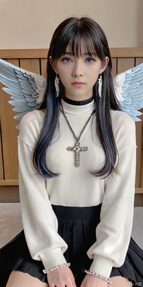  1girl, dance, Fairy, crystal, jewels,black, wings,Holy Light,As white as rosy clouds, 
1girl, solo, long hair, looking at viewer, blush, bangs, blue eyes, hair ornament, long sleeves, hair between eyes, jewelry, sitting, very long hair, closed mouth, blue hair, earrings, wings, choker, virtual youtuber, necklace, star \(symbol\), sweater, sleeves past wrists, black choker, halo, cross, feathered wings, puffy long sleeves, angel wings, star hair ornament, white wings, angel, star earrings, cross necklace, latin cross, star necklace, hologram girl
