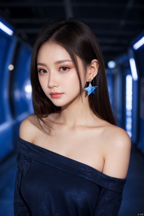  off shoulder,mysterious space,red and blue lights,very long hair,detailed face,realism,star earrings, 1girl
