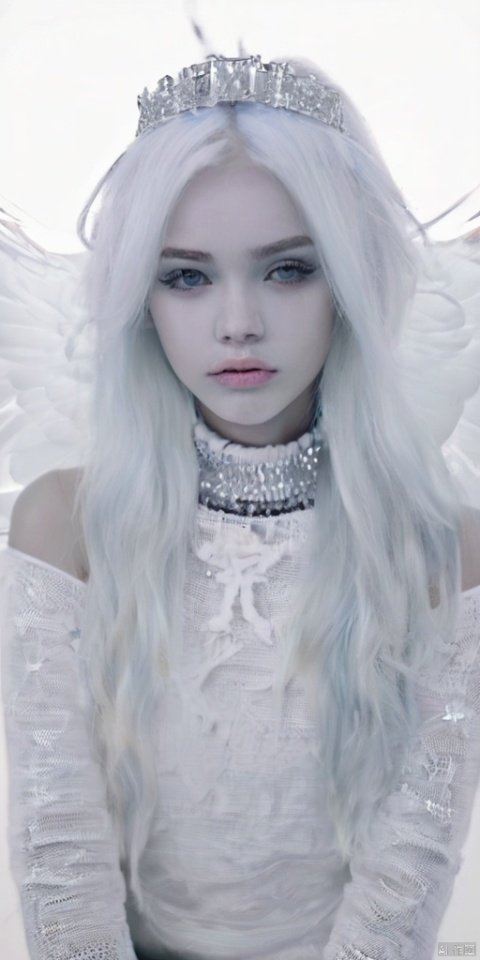  1girl, dance, Fairy, crystal, jewels,black, wings,Holy Light,As white as rosy clouds, 
1girl, solo, long hair, looking at viewer, blush, bangs, blue eyes, hair ornament, long sleeves, hair between eyes, jewelry, sitting, very long hair, closed mouth, blue hair, earrings, wings, choker, virtual youtuber, necklace, star \(symbol\), sweater, sleeves past wrists, black choker, halo, cross, feathered wings, puffy long sleeves, angel wings, star hair ornament, white wings, angel, star earrings, cross necklace, latin cross, star necklace, hologram girl, greyscale