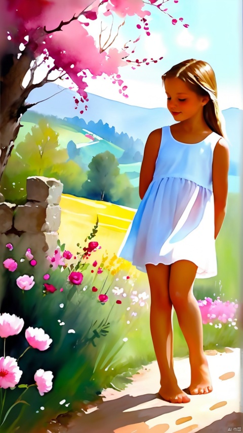  In examining this painting, I think it is a beautiful watercolor painting that depicts a peaceful pastoral scene. The young girl in the wet white dress stood out against a background of bright pink flowers, creating a sharp color contrast. The light in the picture is soft and diffused, giving a warm and quiet feeling. The colors used in the painting are bright and bold, making the picture lively and full of vitality. The style of the painting is whimsical and dreamy, evoking a sense of wonder and imagination. The quality of the painting is very good, with great attention to detail in the overall composition of the girl's clothes, the flowers and the scene. The emotion conveyed by this painting is calm and happy, like a girl enjoying pure pleasure in nature. Overall, it is a beautiful and charming painting that captures the essence of innocence, beauty and joy. (large breasts:1.5), hy, Gauze Skirt, lj, black pantyhose, dress, 1girl, g002