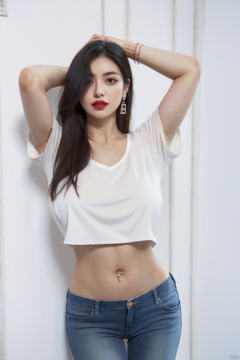  1girl, huge breasts,solo, long hair, shirt, black hair, navel, jewelry, white shirt, short sleeves, cowboy shot, earrings, midriff, pants, hair over one eye, arms up, bracelet, lips, tattoo, piercing, ring, denim, jeans, red lips, navel piercing,large breasts