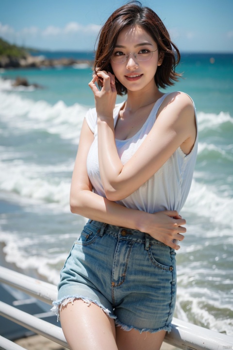  Enhanced, masterpiece, 16K, JK, 1 girl, glasses, smile,short hair. The sea stretches out behind her, creating a stunning aesthetic, huliya, blackwidow, Purity Portait