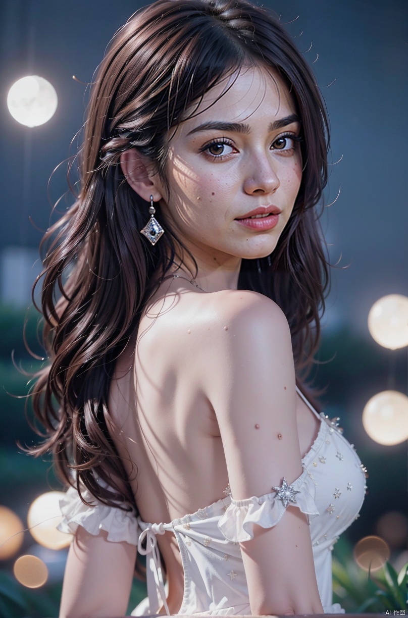  (Good structure),cowboy_shot, DSLR Quality,Depth of field ,looking_at_viewer,Dynamic pose, , kind smile,1girl,solo,beautiful face,brown eyes,brown hair,lips,bare shoulders,collarbone,Milky skin,shiny skin,diamond pendant,diamond earrings,floating long hair,looking back, , dress,see through,blue sky,white clouds,lightyellow and lightpink flowers,light particles,sparkle,realistic,ultra realistic and detailed,high detail texture,Ultra high quality,,fisheye,constellation, ((poakl)), dress, 1girl, ,purple hair, yunxi, depth of field, WheelStimulation