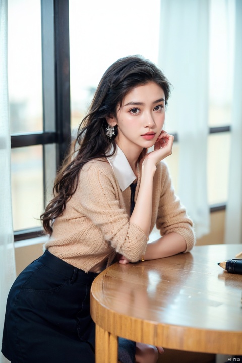  xiannv,1girl,long hair,black hair,skirt,solo,indoors,shirt,striped shirt,striped,holding,window,blurry background,black skirt,pen,blurry,leaning forward,parted lips,pencil skirt,brown eyes,table,chair,jewelry,collared shirt,cinematic,HD,Lucid,detailed,photography,colorful,atmospheric,perfect lighting,aesthetic,elegant,Delicate features, clear eyes, nose, mouth, ears, eyebrows, seductive expression, sexy lips