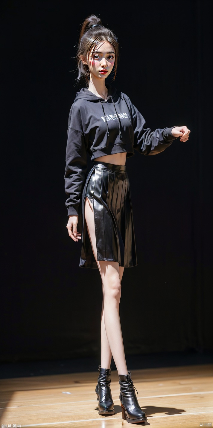  22 years old girl,The golden ratio body,walking ,asian,hoodie , pleated_skirt, black shiny leather shoes ,medium breasts,tattoo,perspective,high ponytail,Fashion shows,Female model,arms out, linzhiling, luolitou, angel, longni