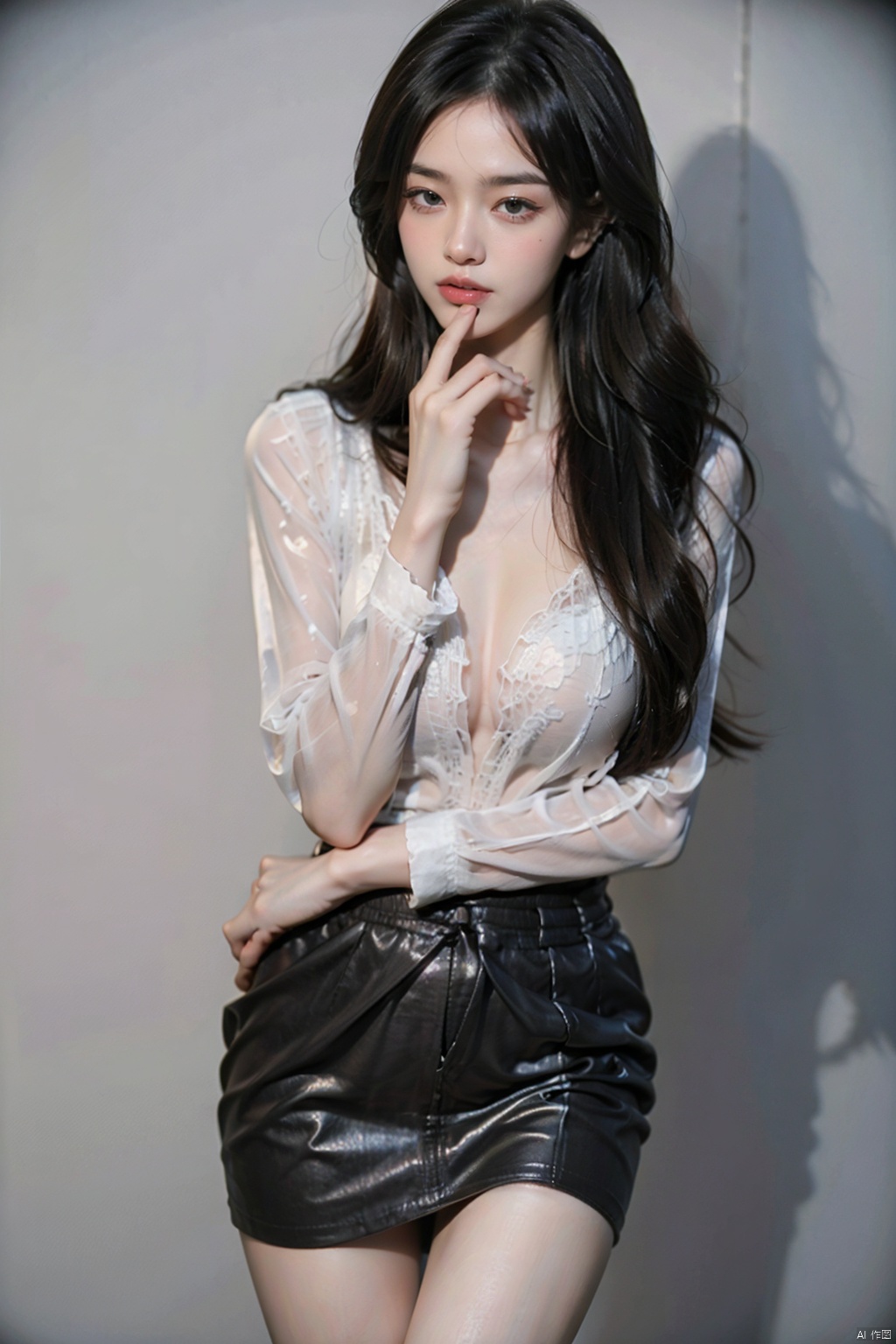  1girl, solo, long hair, skirt, shirt, black hair, long sleeves, standing, cowboy shot, indoors, miniskirt, sweater,tongue out, lips, black shirt, shadow, white skirt, facing viewer, pencil skirt, blindfold, hand on own chin, ((poakl))(Close your eyes), Transparent Clothes