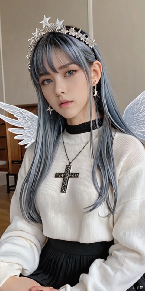  1girl, dance, Fairy, crystal, jewels,black, wings,Holy Light,As white as rosy clouds, 
1girl, solo, long hair, looking at viewer, blush, bangs, blue eyes, hair ornament, long sleeves, hair between eyes, jewelry, sitting, very long hair, closed mouth, blue hair, earrings, wings, choker, virtual youtuber, necklace, star \(symbol\), sweater, sleeves past wrists, black choker, halo, cross, feathered wings, puffy long sleeves, angel wings, star hair ornament, white wings, angel, star earrings, cross necklace, latin cross, star necklace, hologram girl