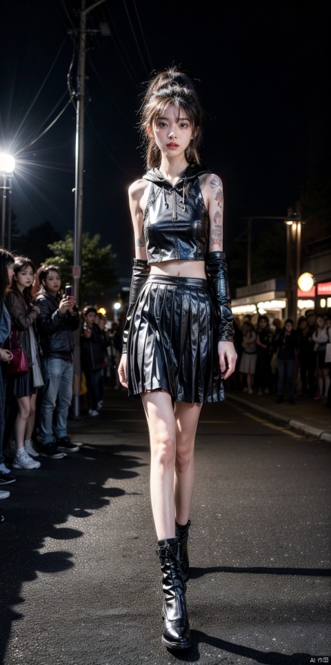  22 years old girl,The golden ratio body,walking ,asian,hoodie , pleated_skirt, black shiny leather shoes ,medium breasts,tattoo,perspective,high ponytail,Fashion shows,Female model,arms out, linzhiling, luolitou
