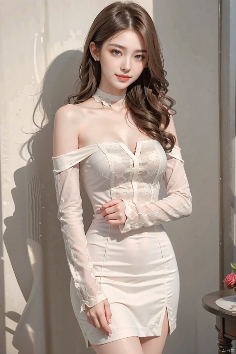  1girl, solo,blue eyes, long hair,smile,holding flower, holding, rose, dress, petals, hair ornament, long sleeves, white hair, on back, white dress, looking at viewer, choker, parted lips, bare shoulders,off shoulder, black choker, hair flower, off-shoulder dress, very long hair, collarbone, puffy long sleeves, puffy sleeves, hair between eyes,dofas, crystal, yunbin, qianjin, christmas