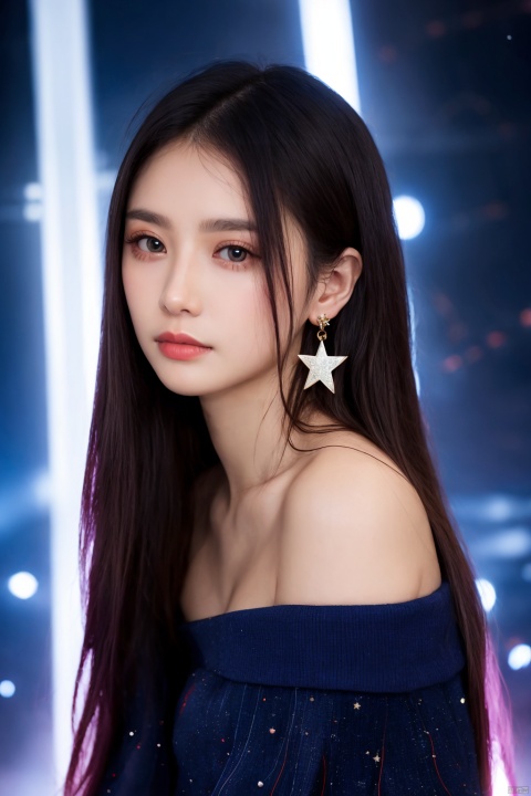  off shoulder,mysterious space,red and blue lights,very long hair,detailed face,realism,star earrings, 1girl