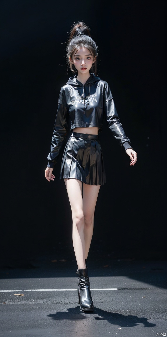  22 years old girl,The golden ratio body,walking ,asian,hoodie , pleated_skirt, black shiny leather shoes ,medium breasts,tattoo,perspective,high ponytail,Fashion shows,Female model,arms out, linzhiling, luolitou, angel