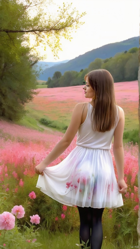  In examining this painting, I think it is a beautiful watercolor painting that depicts a peaceful pastoral scene. The young girl in the wet white dress stood out against a background of bright pink flowers, creating a sharp color contrast. The light in the picture is soft and diffused, giving a warm and quiet feeling. The colors used in the painting are bright and bold, making the picture lively and full of vitality. The style of the painting is whimsical and dreamy, evoking a sense of wonder and imagination. The quality of the painting is very good, with great attention to detail in the overall composition of the girl's clothes, the flowers and the scene. The emotion conveyed by this painting is calm and happy, like a girl enjoying pure pleasure in nature. Overall, it is a beautiful and charming painting that captures the essence of innocence, beauty and joy. (large breasts:1.5), hy, Gauze Skirt, lj, black pantyhose, dress, 1girl, g002, completely nude