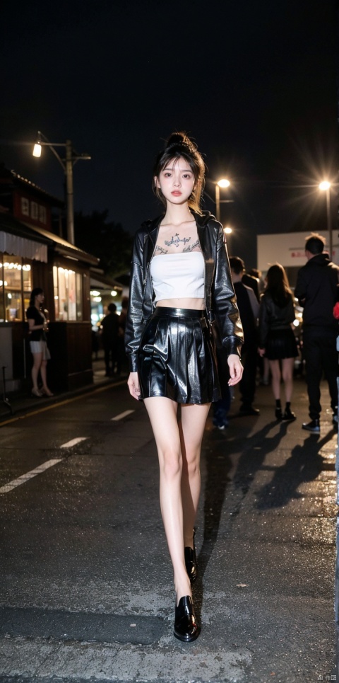  22 years old girl,The golden ratio body,walking ,asian,hoodie , pleated_skirt, black shiny leather shoes ,medium breasts,tattoo,perspective,high ponytail,Fashion shows,Female model,arms out, linzhiling, luolitou