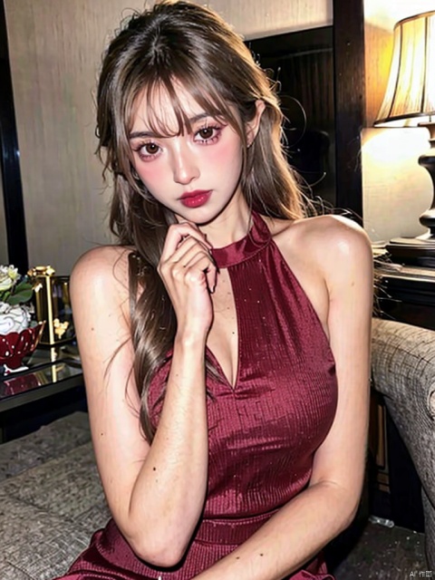  1, 1girl, long hair, brown hair, solo, dress, brown eyes, looking at viewer, holding, red dress, parted lips, bare shoulders, indoors, lips, upper body, sleeveless, ((poakl))