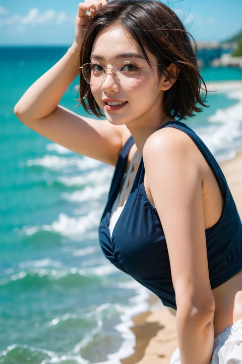  Enhanced, masterpiece, 16K, JK, 1 girl, glasses, smile,short hair. The sea stretches out behind her, creating a stunning aesthetic, huliya, blackwidow, Purity Portait