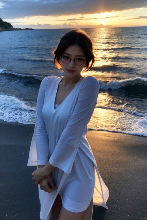  Enhanced, masterpiece, 16K, JK, 1 girl, glasses, smile,short hair. The sea stretches out behind her, creating a stunning aesthetic, huliya, blackwidow