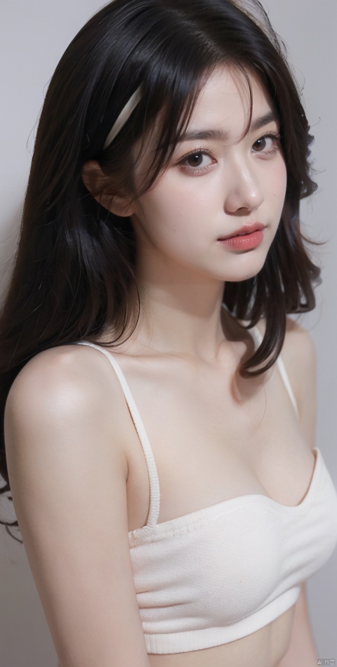  sweet smile、night、original photography、(((ultimate beauty portrait)))、((sparkling skin))、1 girl、 15 year old beautiful girl、bright expression、((dark brown hair))、(cleavage)、 (white crop top: 1.4), tight leather pants,（red lips：2.0）, The face is super delicate,naked thighs,((Big eyes sparkling like gems))、Glowing and radiant skin、(Goddess of Rapunzel)、(silk headband)、(standing)、(from below)、Eyeliner、beautiful bangs、hair between eyes、((​Masterpiece、top quality、Super detailed、Warm colors、intricate details、high resolution、Very detailed))、background for this、digital SLR、soft light、highquality、filmgrain、富士XT3 、shallow view deep、natural soft light、Kamimei、plump bust,Big breasts,Protruding breasts, SuccubusCh